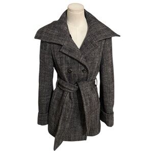 Massimo Dutti Belted Wool Pea Coat Brown Black S M 42 34 Long Trench Herringbone